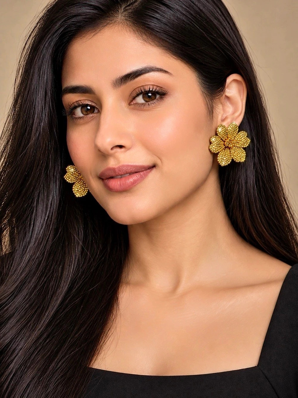 Handmade Gold Beaded Flower Stud Earrings55